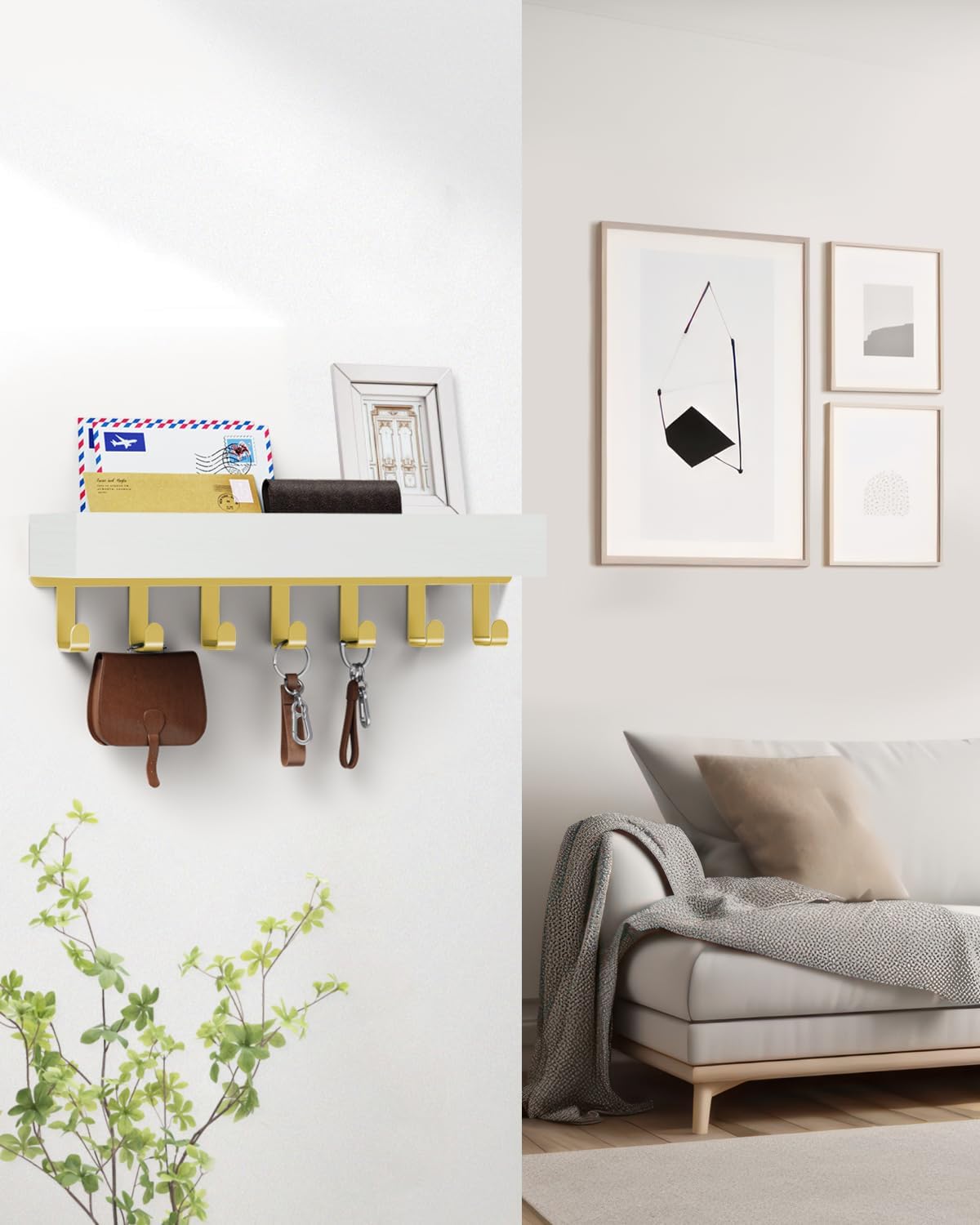 Key Holder Wall Mount Adhesive Magnetic - Hanging Key Hooks with Mail Organizer Tray for Wallet House - Keys Hanger Rack with Shelf for Camper Entryway Door Home Living Room Decor Large Black