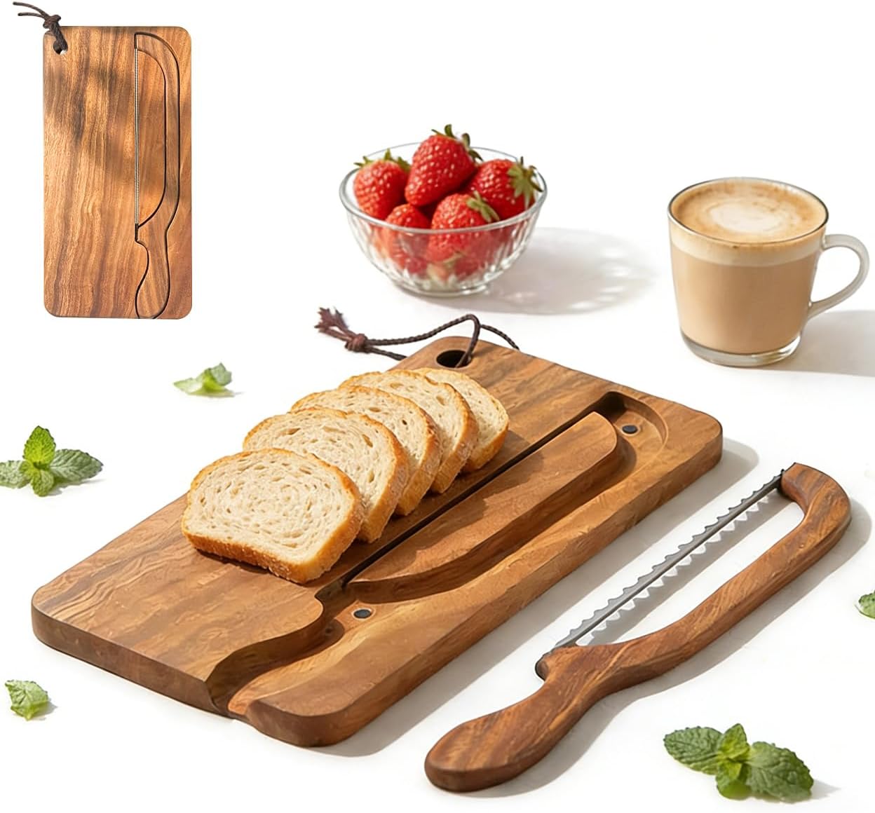 HomeBeyond Bread Bow Knife and Cutting Board Set, 8'' Serrated Stainless Steel Slicer for Sourdough Bagels Baguettes, Ambidextrous Bow Blade & Reversible Acacia Board Can Be Used as Crumb Tray