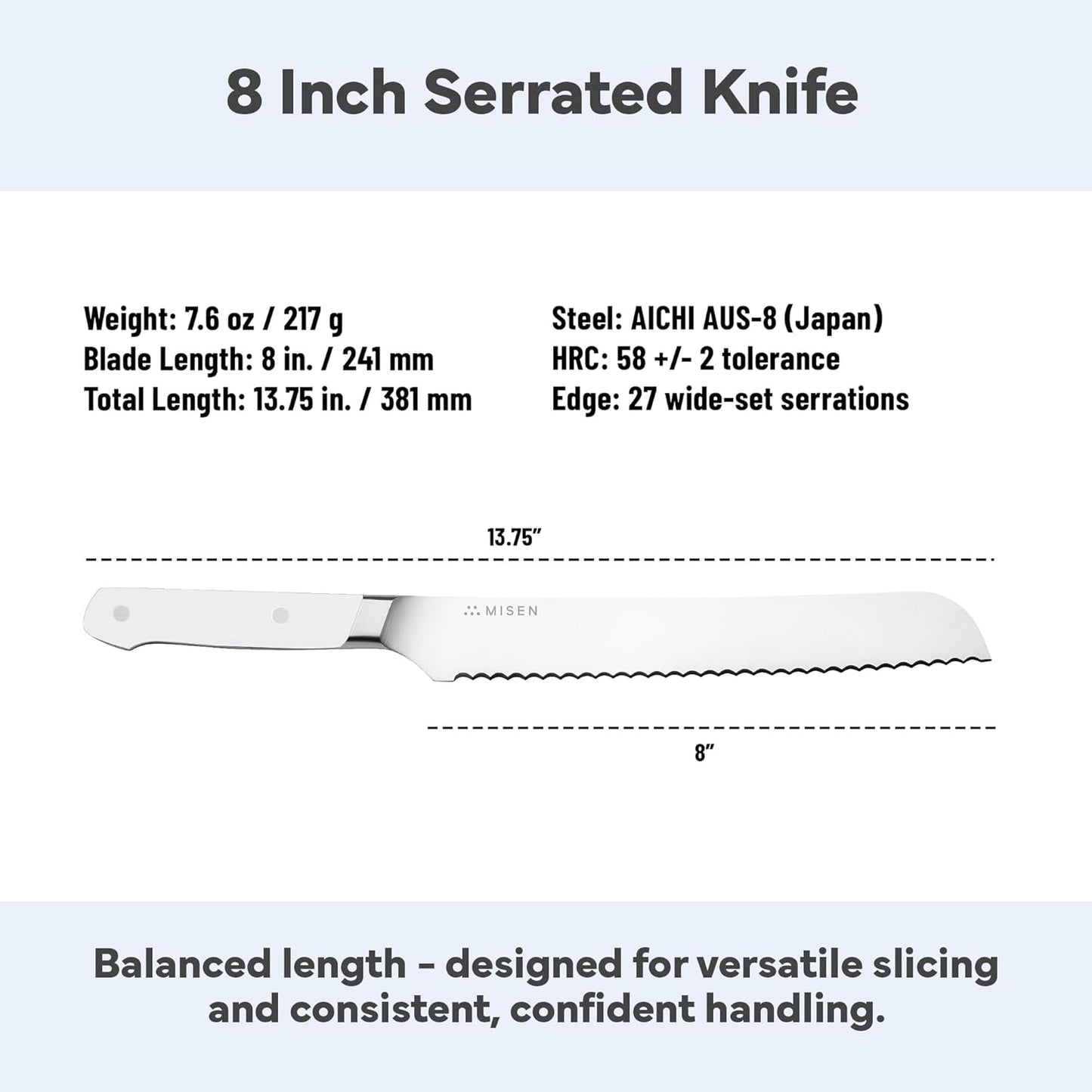 Misen Serrated Bread Knife - High-Carbon Japanese AUS8 Steel - Perfect for Soft Foods, Bread, Pastries, and Fruits - Verstatile Slicer, Razor-Sharp Edge, Durable Blade, Ergonomic Handle - 5", Blue