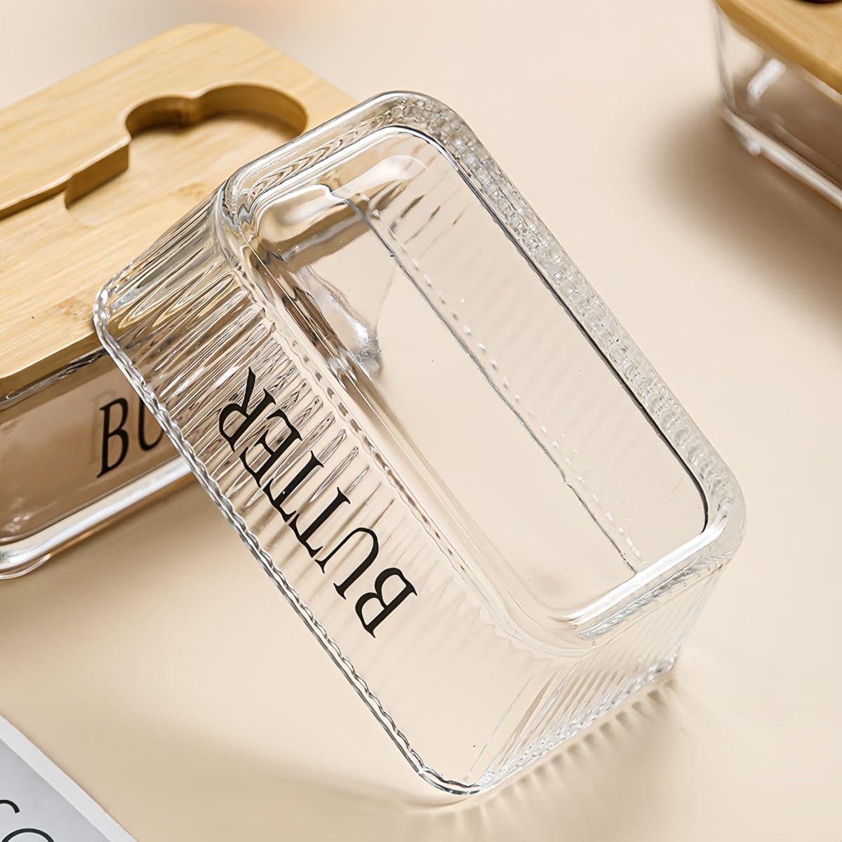Glass Butter Dish with Bamboo Lid and Knife, 500 mL Airtight Cheese Storage Container for Countertop Butter Keeper for Fridge (Smooth, 16 fl oz)