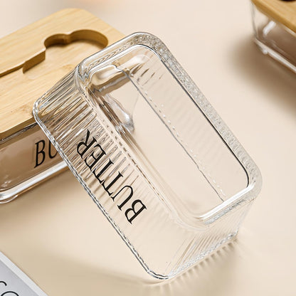 Glass Butter Dish with Bamboo Lid and Knife, 500 mL Airtight Cheese Storage Container for Countertop Butter Keeper for Fridge (Smooth, 16 fl oz)