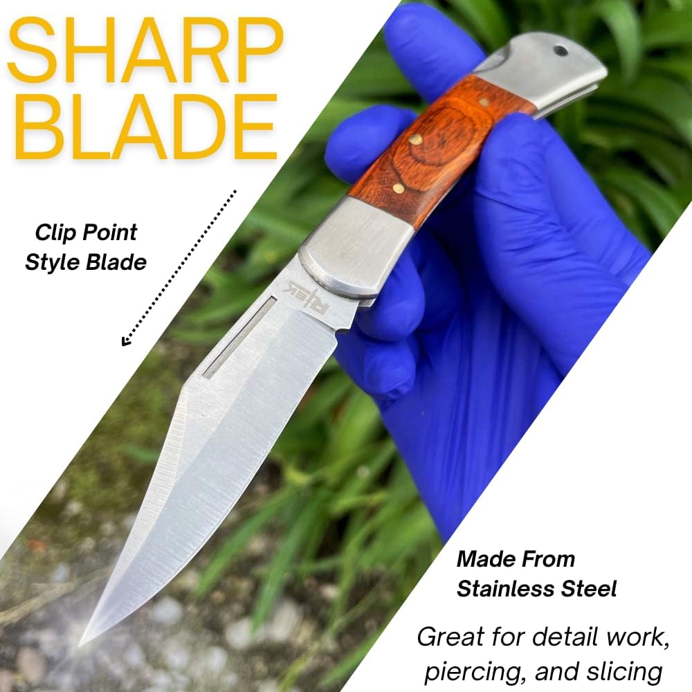 Rtek 3.75" Spanish Brown Wood Handle Pocket Knife, Lockback Traditional Folding Knife with Stainless Steel Blade for Outdoor, Survival, EDC, Camping, and Every Day Carry, Gifts for Men