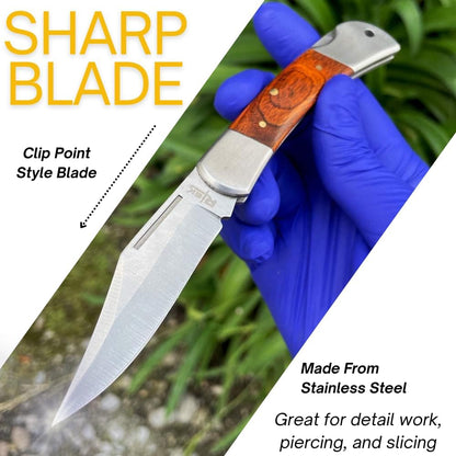 Rtek 3.75" Spanish Brown Wood Handle Pocket Knife, Lockback Traditional Folding Knife with Stainless Steel Blade for Outdoor, Survival, EDC, Camping, and Every Day Carry, Gifts for Men