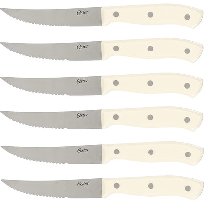 Oster Evansville 14 Piece Cutlery Kitchen Knife Block Set, Stainless Steel w/Linen White Handles - Cuchillos Para Cocina