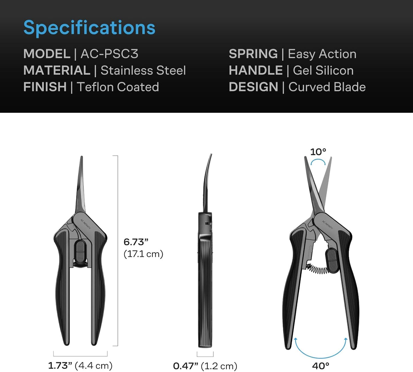 AC Infinity 6.6” Stainless Steel Pruning Shear, Lightweight Ergonomic Design, Straight Precision Blades with Nonstick Teflon Coating for Gardening, Hydroponics, Grow Tents