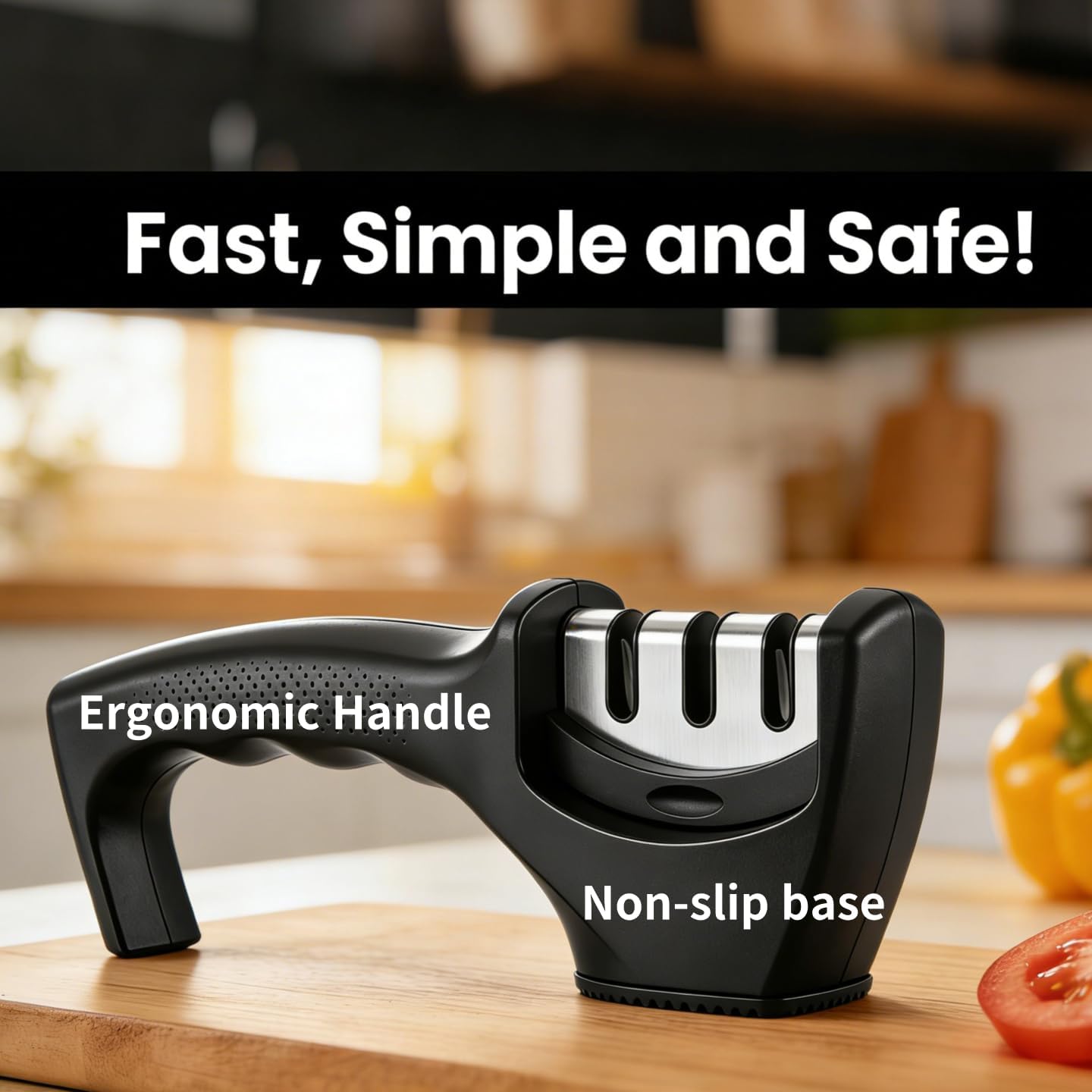 4-in-1 Kitchen Knife Sharpener, 3-Stage Manual Knife Sharpening Tool with Diamond Coarse Ceramic Fine Polish Slots, Non-Slip Base for Kitchen Chef Knives, Black