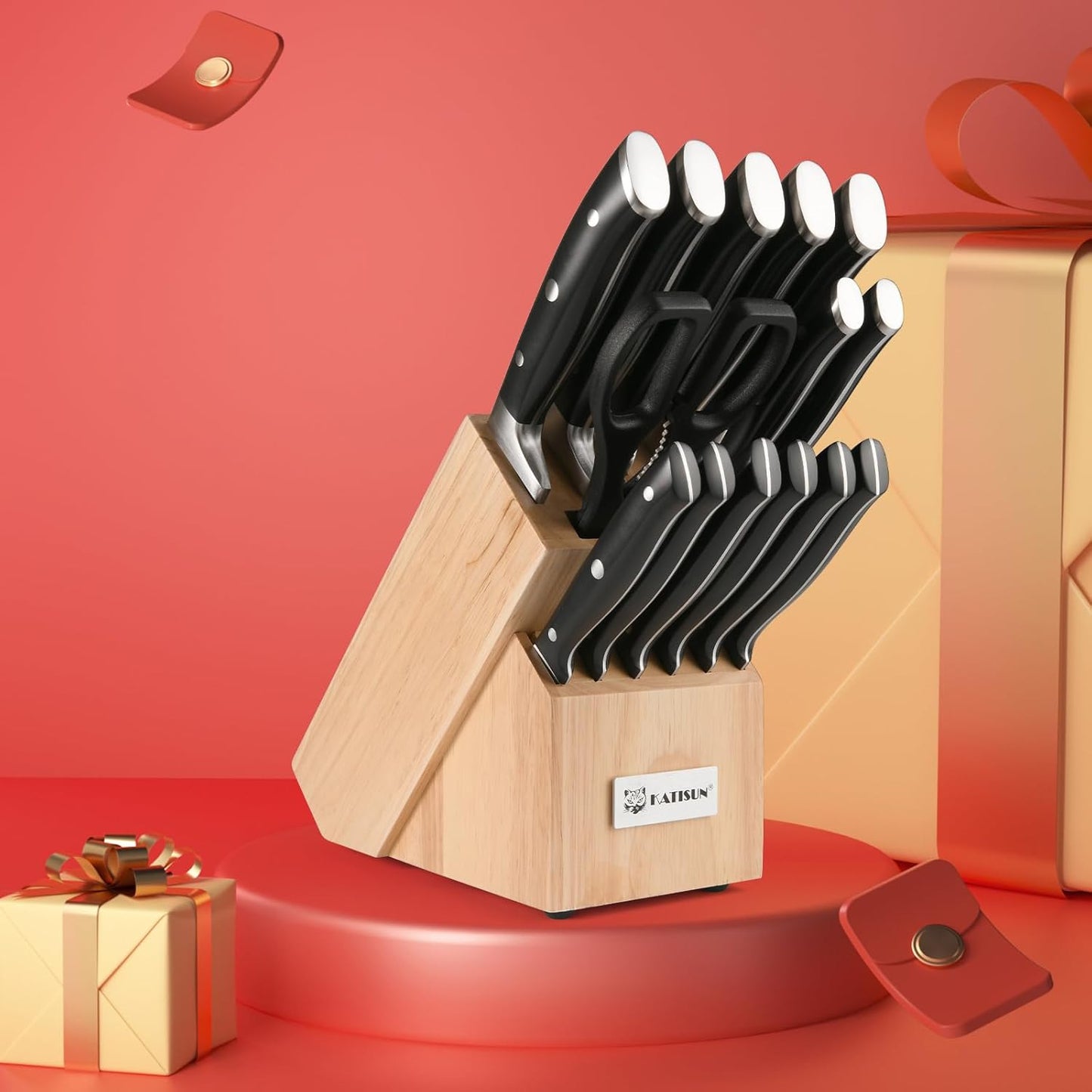Kitchen Knife Set,14-Piece Knife Set With Block Wooden, Self Sharpening For Chef Knife Set, High Carbon German Stainless Steel Hammered Collection Knife Block Set, Dishwasher Safe Cutlery, Cream