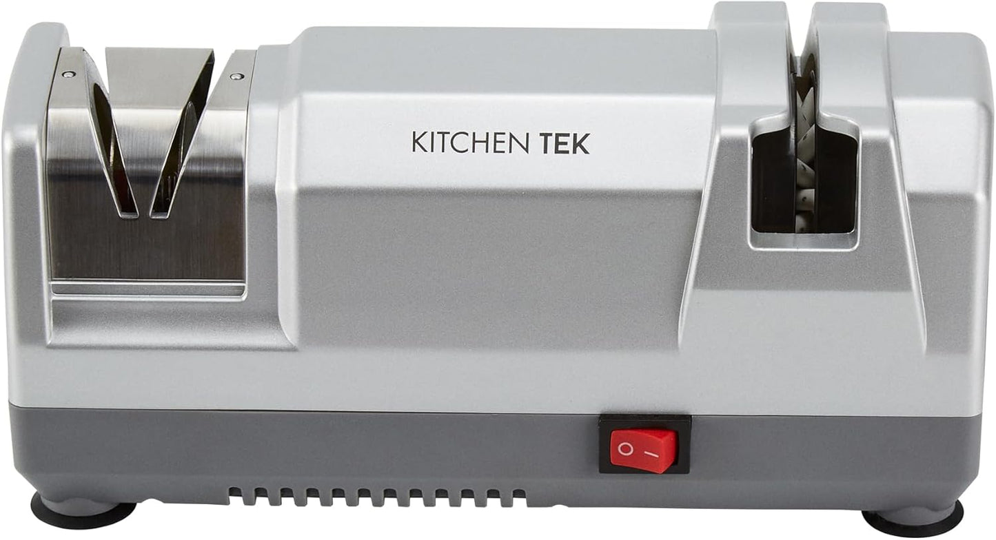 Restaurantware-Kitchen Tek 2-Stage Electric Knife Sharpener, 1 Straight-Edge Knife Sharpener With Diamond Grinding Wheel - 120 Voltage, Quick Sharpening, Gray Plastic, For Kitchen Knives