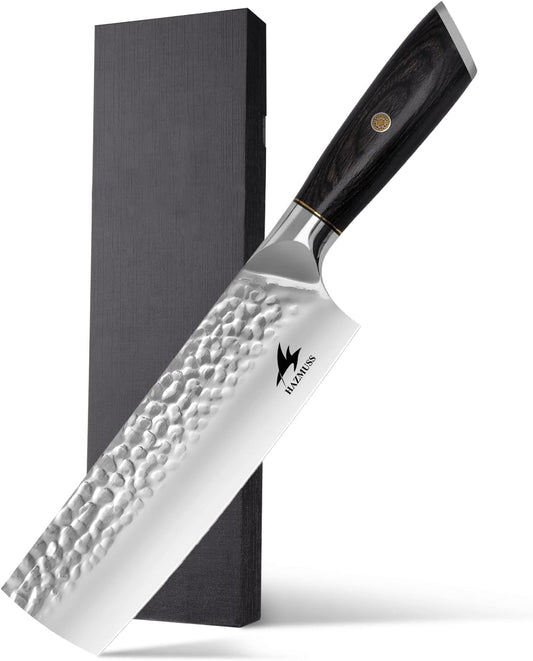 6.4 Inch Japanese Hammered Nakiri Knife, High Carbon Stainless Steel Kitchen Japanese Chef knive, Comfortable Grip Pakkawood Handle for Home and Kitchen