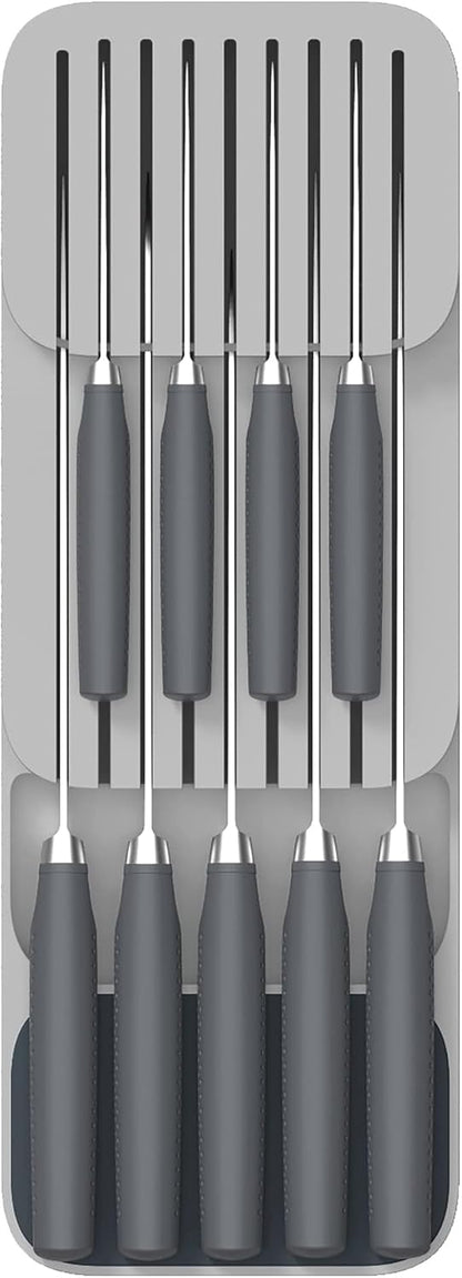 Kitchen Drawer Knife Organizer, 9-Knife Storage Block, Grey, 15.55 x 5.51 x 3 inches
