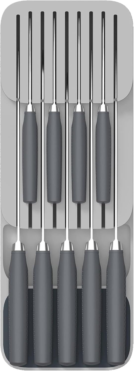 Kitchen Drawer Knife Organizer, 9-Knife Storage Block, Grey, 15.55 x 5.51 x 3 inches
