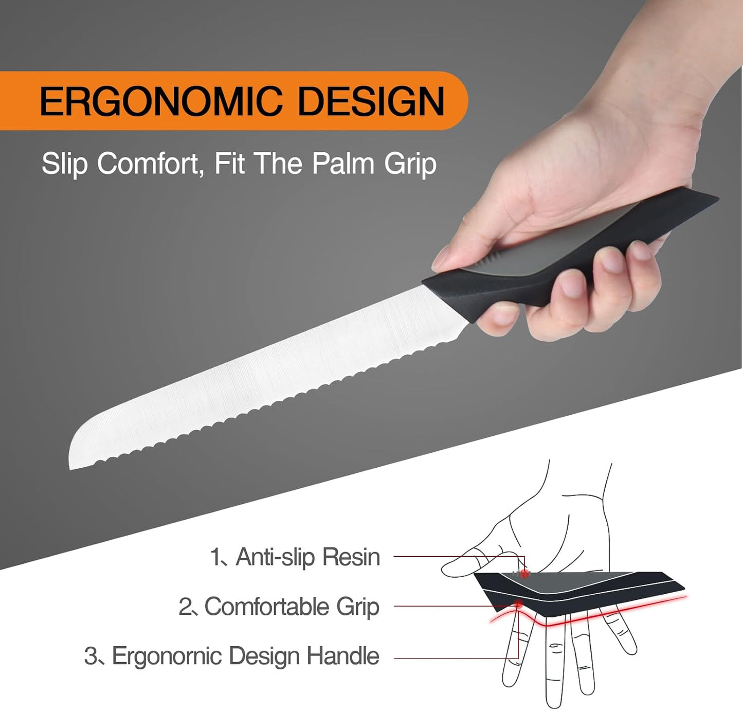 Bread Knife for Homemade Bread, 8 Inch Serrated Bread Knife Stainless Steel, Cutting Knives Ideal for Slicing Breads, Bagels, Cake, Comfortable Handle, Black