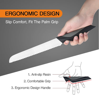 Bread Knife for Homemade Bread, 8 Inch Serrated Bread Knife Stainless Steel, Cutting Knives Ideal for Slicing Breads, Bagels, Cake, Comfortable Handle, Black