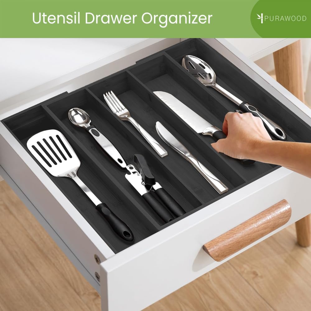 Purawood Kitchen Drawer Organizer with Knife Blocks - Utensil Drawer Organizer for Kitchen, Cutlery Tray & Silverware Organizer, 3-5 Slots - Bamboo Organizer for Utensils & Flatware (Natural)