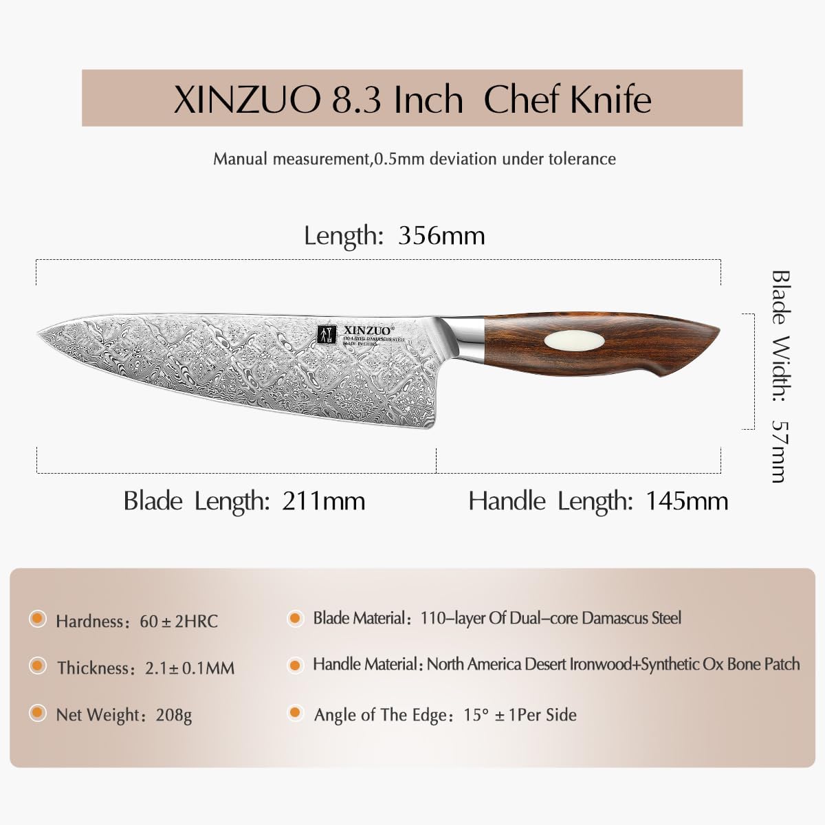 XINZUO 8.3 Inch,110 Layers Damascus Steel Chef Knife Cleaver, Professional Hand Forged Kitchen Cooking Knife,Full Tang,Sharp Slicing Knife Gyuto Knife-North America Desert lron Wood Handle