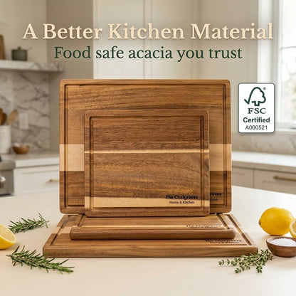 Indonesian Acacia Wood Cutting Board Set of 3 | Extra Thick 0.8″ Wooden Chopping Boards with Deep Juice Grooves | FSC Certified | Warp-Resistant & Knife-Friendly | Large, Medium & Small