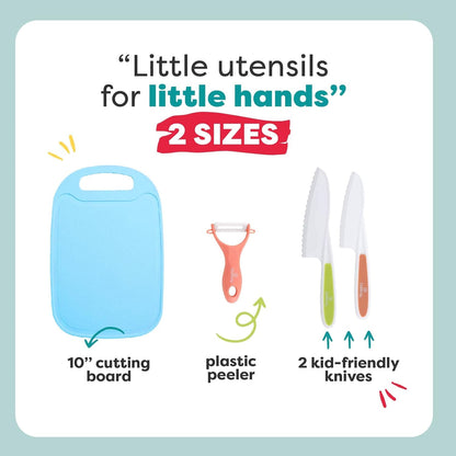 Baketivity Kid Safe Plastic Knives for Real Cooking with Cutting Board, Peeler for Kitchen - Knife Set with Blunt Tip, Dishwasher Safe, BPA Free Kids Knives for Cutting