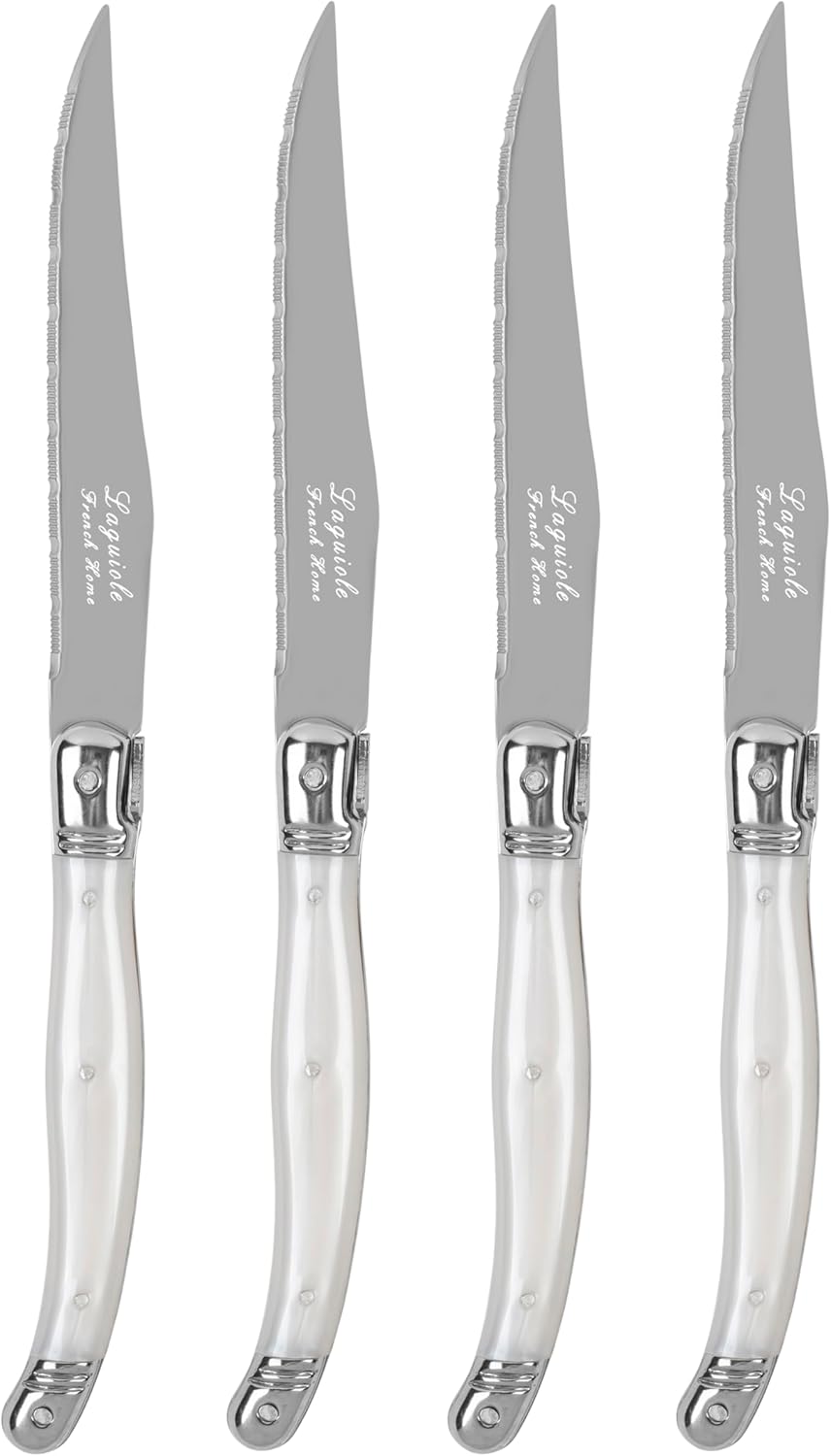 French Home Laguiole Connoisseur 4-Piece Steak Knife Set – Stainless Steel with Pearl White Handles, Etched Detailing & Napoleon Bee Emblem – Serrated Knives for Smooth Cutting (9.25")