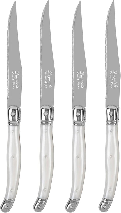 French Home Laguiole Connoisseur 4-Piece Steak Knife Set – Stainless Steel with Pearl White Handles, Etched Detailing & Napoleon Bee Emblem – Serrated Knives for Smooth Cutting (9.25")