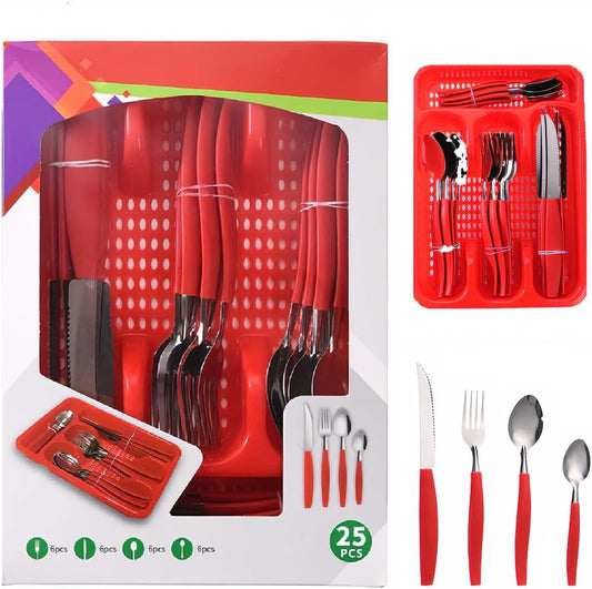 25-piece dinnerware set with red handles. The set includes 1 storage box, 6 knives, 6 forks, 6 long spo and 6 short spoons. Suitable for daily use at home or camping.