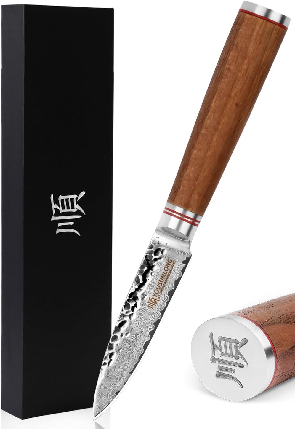 YOUSUNLONG Paring Knife 3.5 inch Peeling Knives Japanese 67 Layers Hammered Damascus Steel with Natural Leadwood Handle