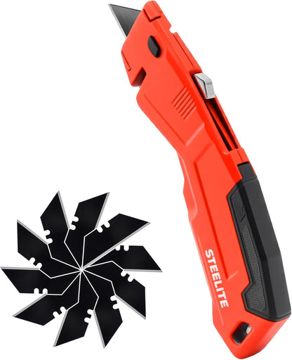 STEELITE Utility Knife Set 2PCS, Box Cutter Heavy Duty Metal, Quick Open Botton Lock Razor Knife for Cartons, Rapes, Leather and Cardboard, Blades Storage Design with 16 Extra Blade, Red