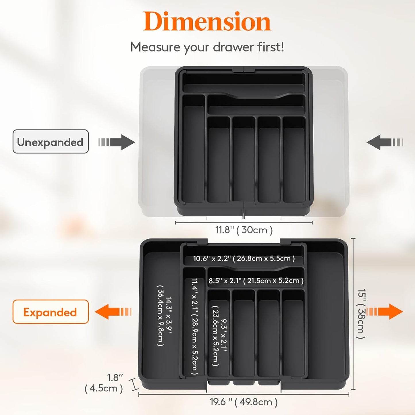 Lifewit Utensil Organizer for Kitchen Drawer, Expandable Cooking Silverware Tray, Adjustable Cutlery Flatware Holder, Plastic Spatula Tools Storage Divider, 14.4 x 15.8", Black
