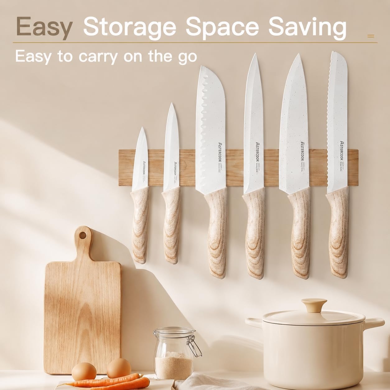 Astercook Knife Set, 13 Pieces Kitchen Knives Set with Ceramic Coating, Stainless Steel Chef Knife Sets with 6 Blade Guards, Dishwasher Safe Knives with Wooden Handle, Elegant White