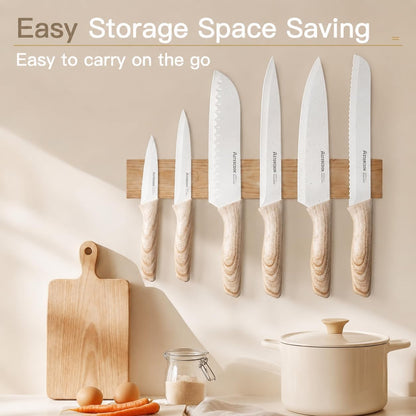 Astercook Knife Set, 13 Pieces Kitchen Knives Set with Ceramic Coating, Stainless Steel Chef Knife Sets with 6 Blade Guards, Dishwasher Safe Knives with Wooden Handle, Elegant White