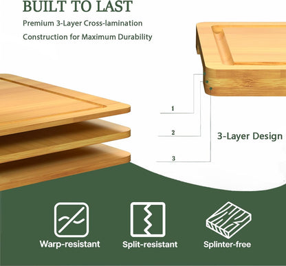 Cutting Boards for Kitchen, Bamboo Cutting Board Set of 3 with Storage Stand, Deep Carbonized Chopping Boards with Deep Juice Grooves and Side Handles for Meat, Vegetables, Fruit and Meal Prep