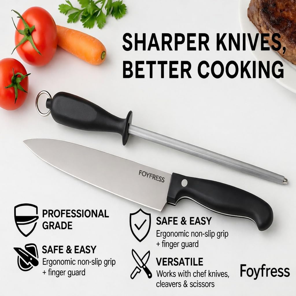 Honing Rod 10 Inch, Knife Sharpener for Kitchen Knives, Magnetized High Carbon Steel Honing Steel with Ergonomic Handle, for Chef and Butcher Knives