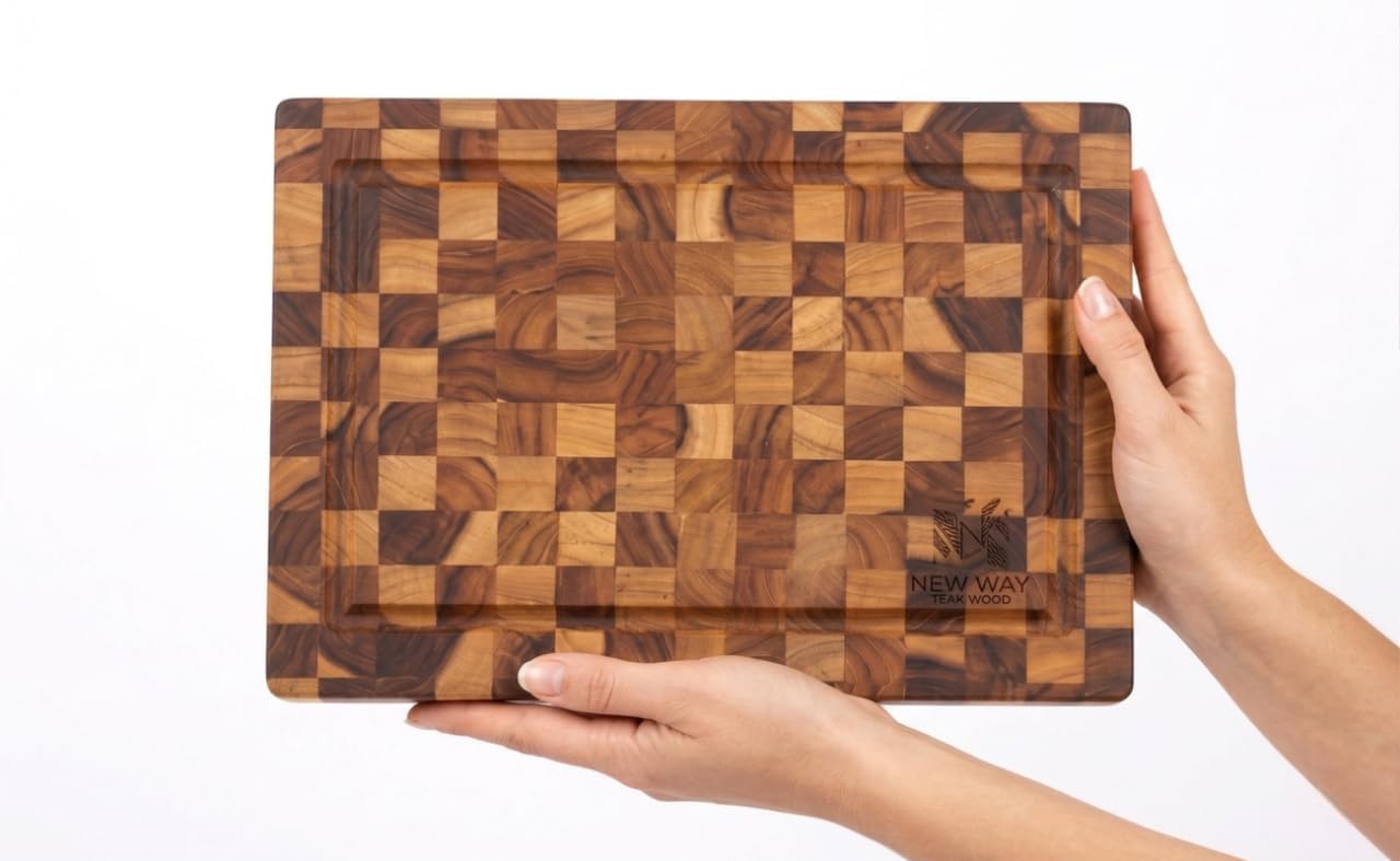 Natural Teak Wood Cutting Board with Juice Groove – Durable End Grain Butcher Block, Knife-Friendly, FSC, Medium Thick Chopping Board for Kitchen BBQ Gifts (11.8 x 7.9 x 1 Inches)
