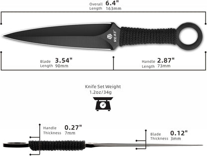 REAT Throwing Knives - 3 Piece, 6.5" 440 Stainless Steel with Cord-Wrapped Handle, Includes Nylon Carrying Case for Safe Storage,Ninja Kunai Knives for Competition,Recreation,Gifts for Men,Women