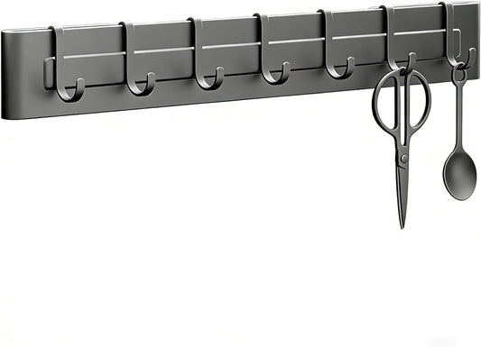Stainless Steel Wall-Mounted Knife Rack with 9 Hooks – No-Drill Kitchen Organizer, Rust-Resistant Wall Storage for Knives and Utensils, Space-Saving Modern Gray Design (19.7inches)