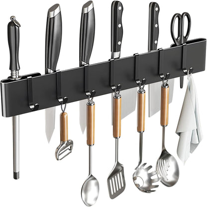 Knife Holder for Wall Mount-Knife Strips with Hooks Stainless Steel Wall Knife Rack-Knife Block-Knife Rack-Utensil Hanger-Kitchen Utensil Holder (Black, 50 CM+9 Hooks)