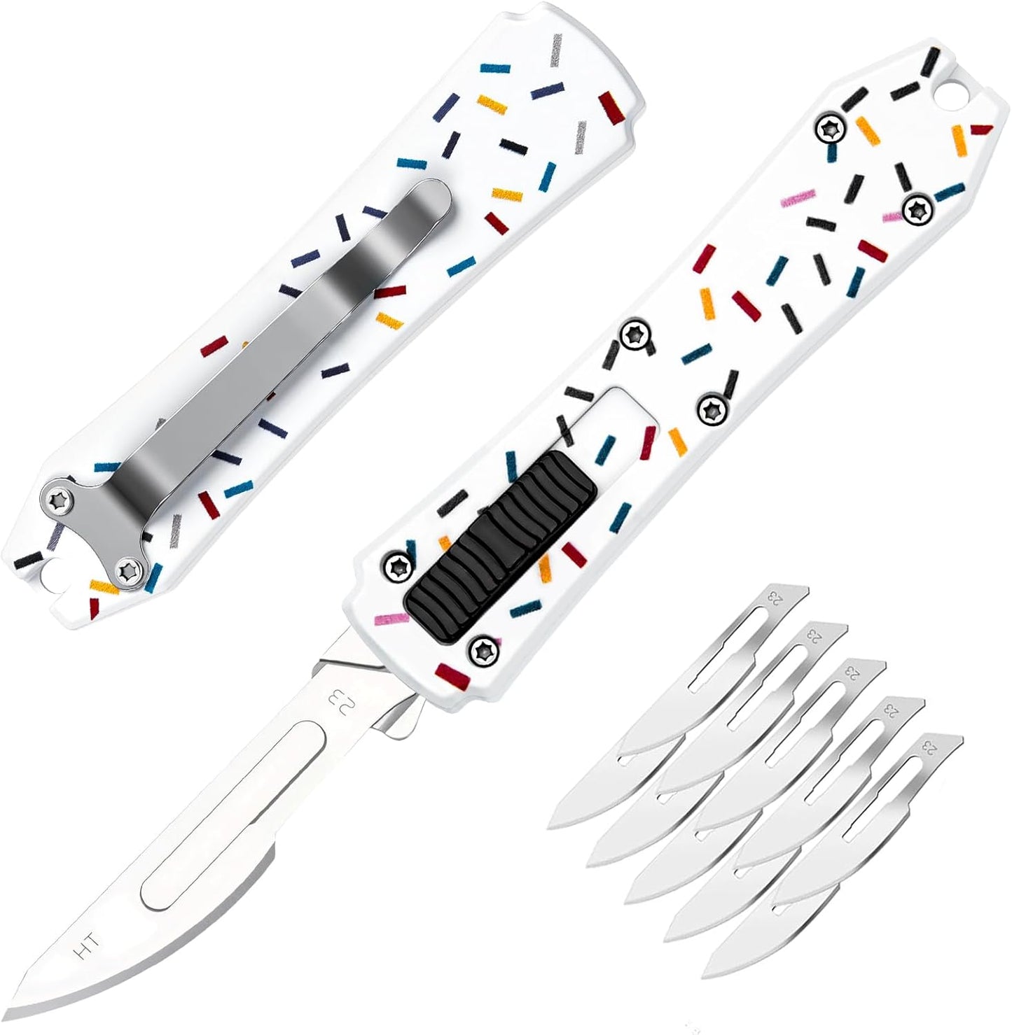 Automatic Utility Knife,All Metal Construction Carbon Stainless Steel Blade,Box Cutter Quick Change Retractable,EDC Push Button with Clip,10PCS #23 Blades Replacement,Stars&Stripes