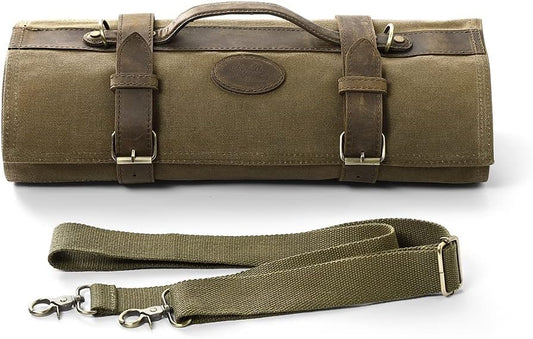 Chef Knife Roll Bag 16oz Oil Waxed Canvas with Cazy Horse Leather, 12 Slots & 2 Zipper Pockets, Portable Backpack Knife Case Storage, Detachable Adjustable Shoulder Strap Belt(Not Included Knives)