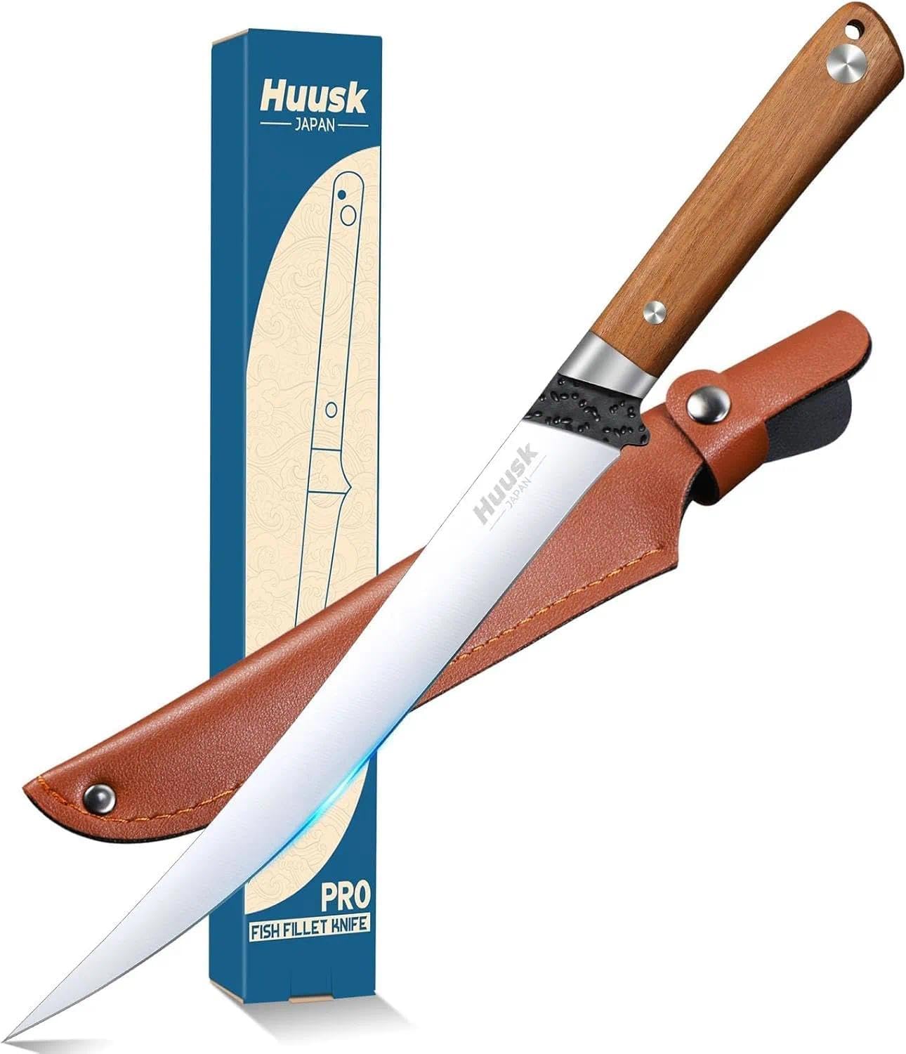 Huusk 9 inch Fillet Knife - Sharp Japanese Fillet Knife for Fish - Professional Flexible Boning Knives for Meat Cutting Trimming - Gift for Men and Women