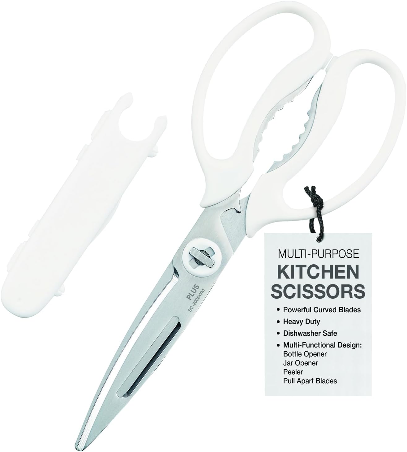 Multi-Purpose Kitchen Shears – Meat & Vegetable Cutter, Crab Cracker, Vegetable Peeler, Jar & Bottle Opener, Knife, Safety Cap, Dishwasher Safe (1 Pair, White)
