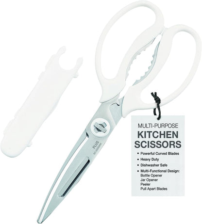 Multi-Purpose Kitchen Shears – Meat & Vegetable Cutter, Crab Cracker, Vegetable Peeler, Jar & Bottle Opener, Knife, Safety Cap, Dishwasher Safe (1 Pair, White)