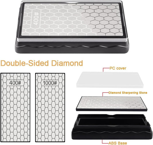 Double-sided Diamond Sharpening Stone, Knife Sharpener Stone diamond sharpener Honeycomb Surface Plate with Non-slip Base for Scissors Knives Outdoor Kitchen Sharpen Tools (400/1000 Grit)