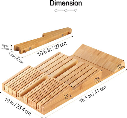 NIUXX Bamboo In-Drawer Knife Block Set for 16 Knives(Not Included), Large Kitchen Detachable Washable Cutlery Slot Organizer Storage Holder for Sharpening Steel and Cutter