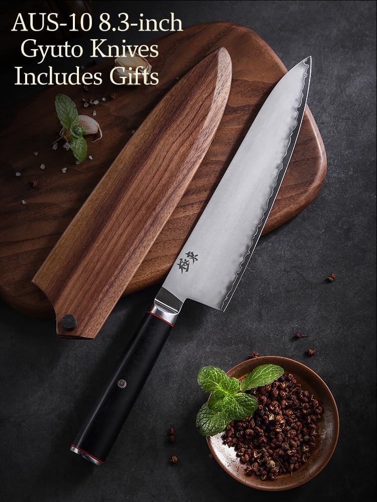 Japan Aichi AUS10 Triple Layer Composite Steel 8-inch Chef's Knife,Gyuto，Meat Cleavers，G10 Handle, Forged Kitchen Knife，Black Walnut Knife Sheath Set