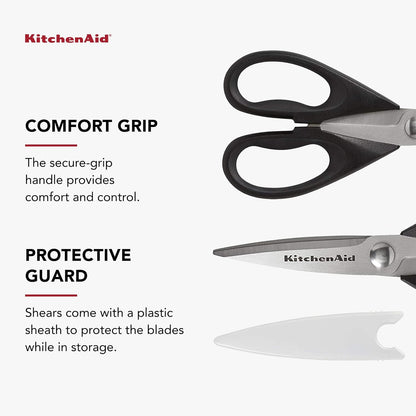 KitchenAid All Purpose Kitchen Shears with Protective Sheath Durable Stainless Steel Scissors, Dishwasher Safe, Soft Grip Comfort Handle, 8.72 Inch, Black, Pack of 12