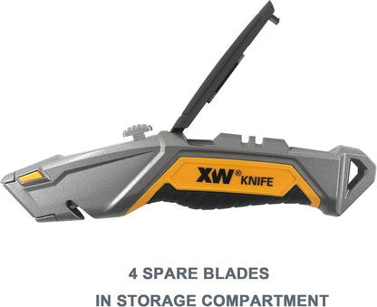 XW Utility Knife Set, Heavy Duty Zinc Alloy Retractable Box Cutter and Folding Utility Knife with Blade Storage Design, Total 18 PCS Blades Included, 2-Pack