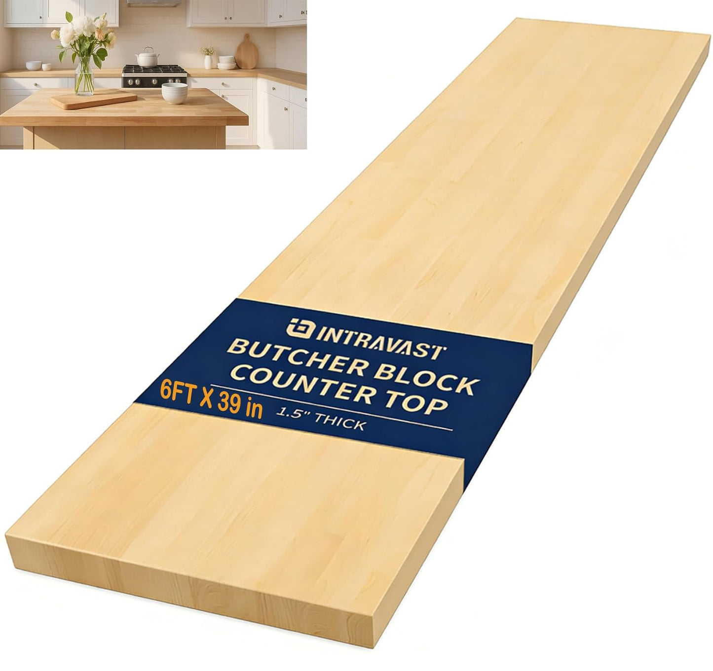 18"x25" Butcher Block Countertop Island, 1.5FT Unfinished Solid Birch Wood DIY Countertop, Durable Counter Table Tops for Kitchen Bar, Workshop, Laundry Counters Dining Room Tables 1.5"Thick