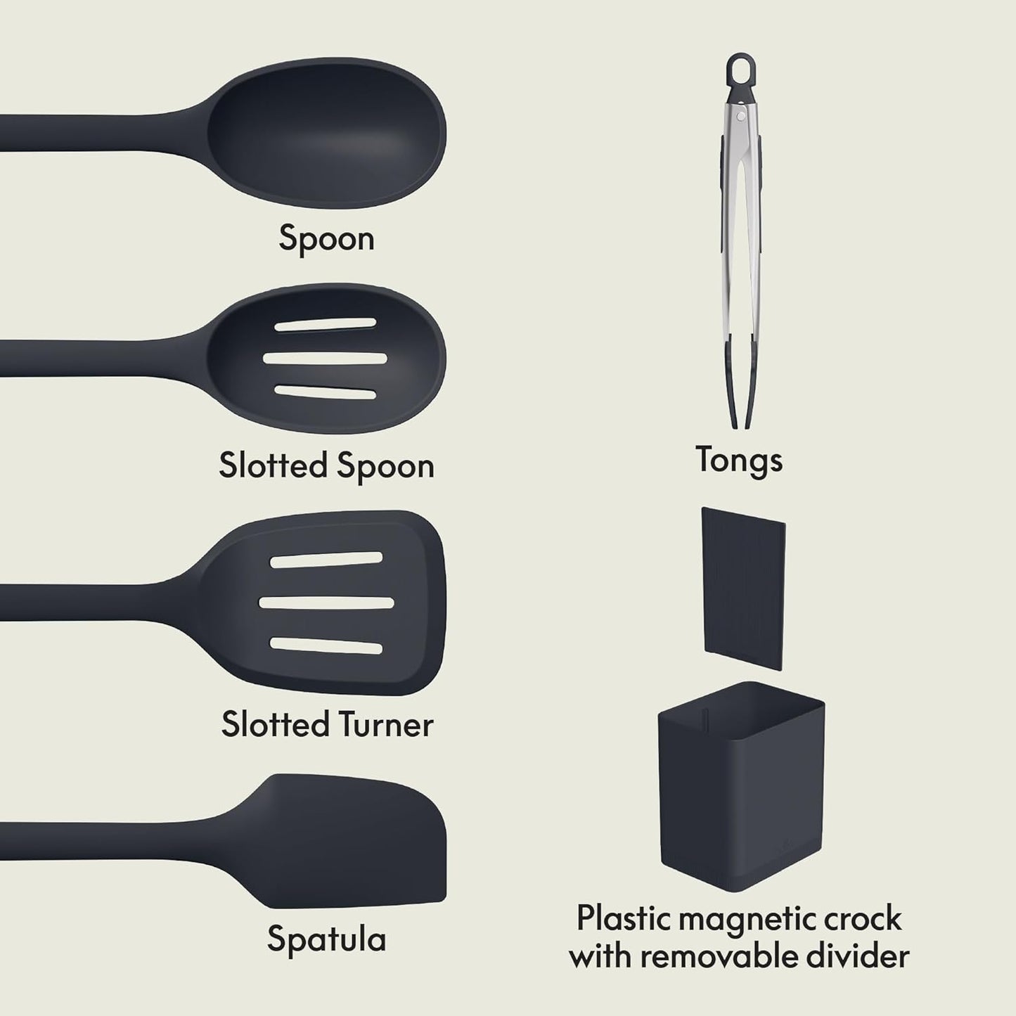 bella 7-Piece Modular Gadget Set, Grater, Pizza Cutter, Ice Cream Scoop, Peeler, Shears, Bottle Opener, Crock with removable divider, Dishwasher Safe, Slate