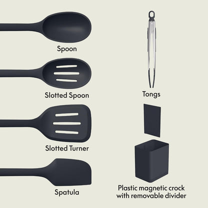 bella 7-Piece Modular Gadget Set, Grater, Pizza Cutter, Ice Cream Scoop, Peeler, Shears, Bottle Opener, Crock with removable divider, Dishwasher Safe, Slate