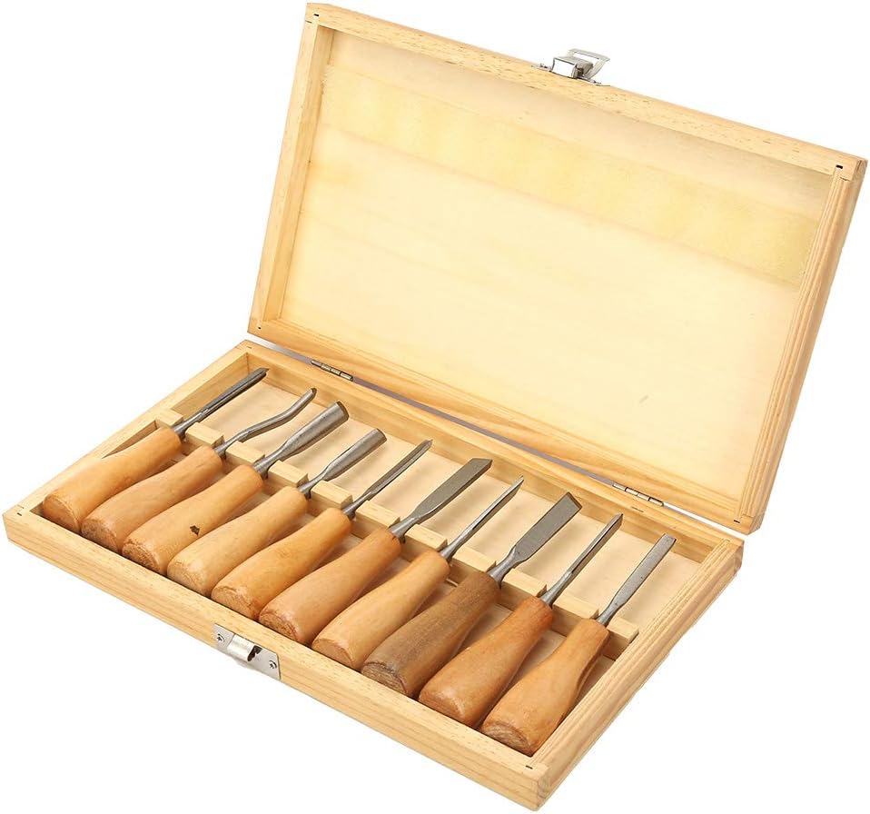 Carving Tools Set, 10Pcs with Wooden Handles in a Wooden Storage Case Carving Knife Chisel Kit Set
