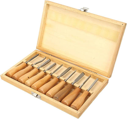 Carving Tools Set, 10Pcs with Wooden Handles in a Wooden Storage Case Carving Knife Chisel Kit Set